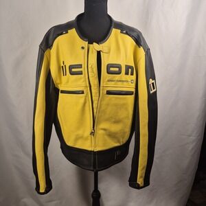 Icon Asphalt Technologies Yellow Black Leather Motorcycle Jacket Mens Large XL